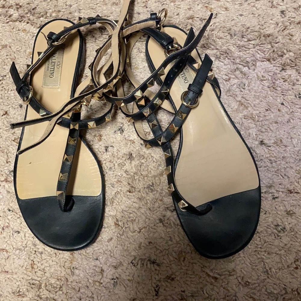 Valentino black rock stud sandals flat ankle 38